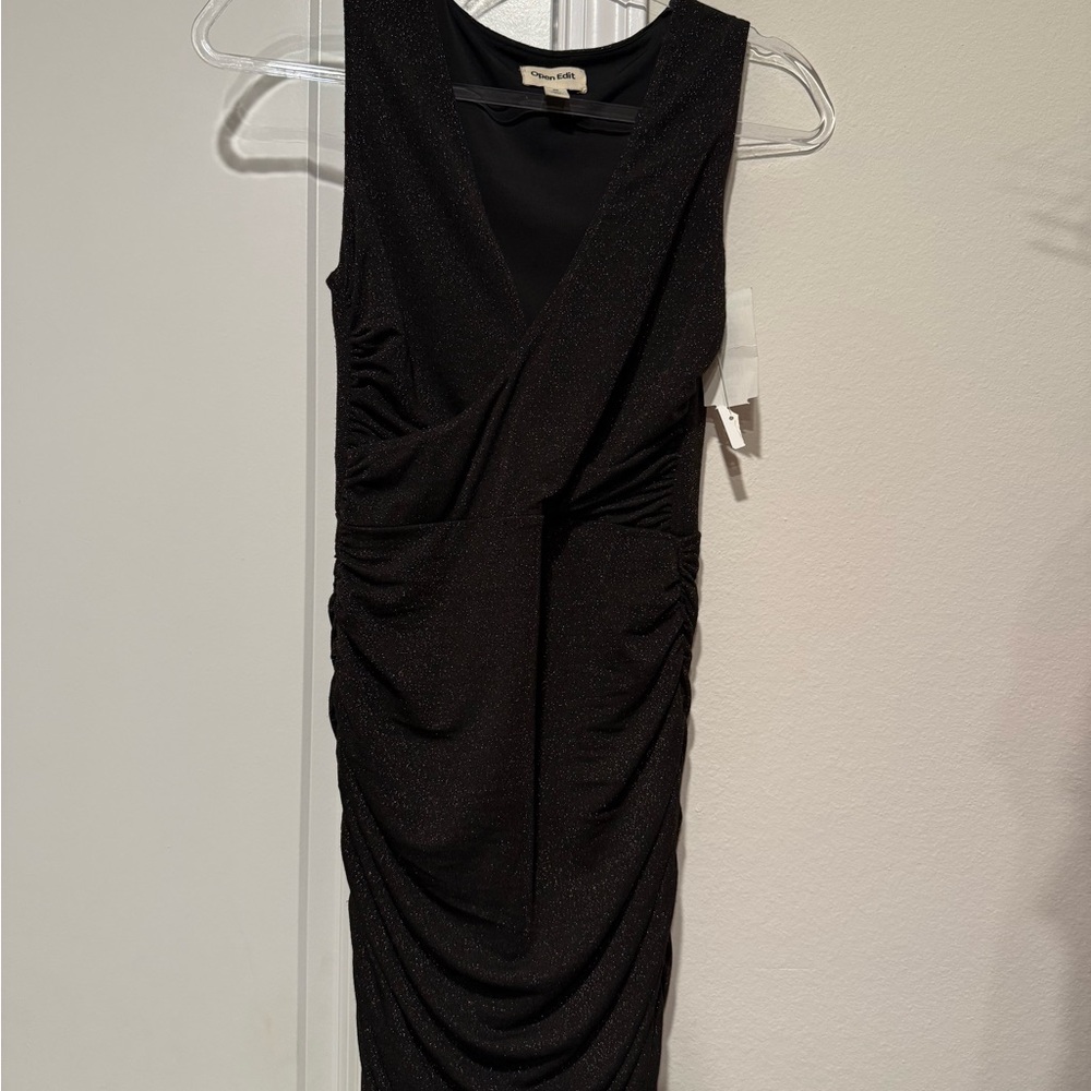New Open Edit Black and Metallic Bronze Ruched Dress